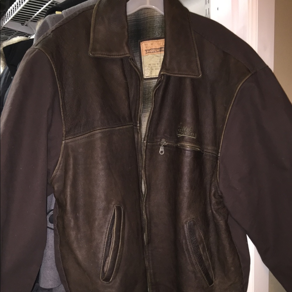 Mens Scotch Soda  Brown leather and fabric jacket.